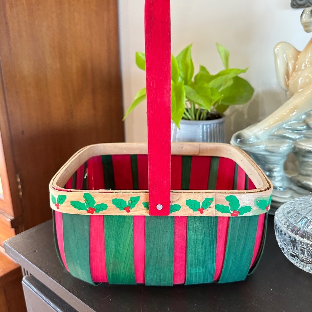 VTG Christmas Woven Wood Basket Red Green Stripe Holly Decor Cottagecore Country